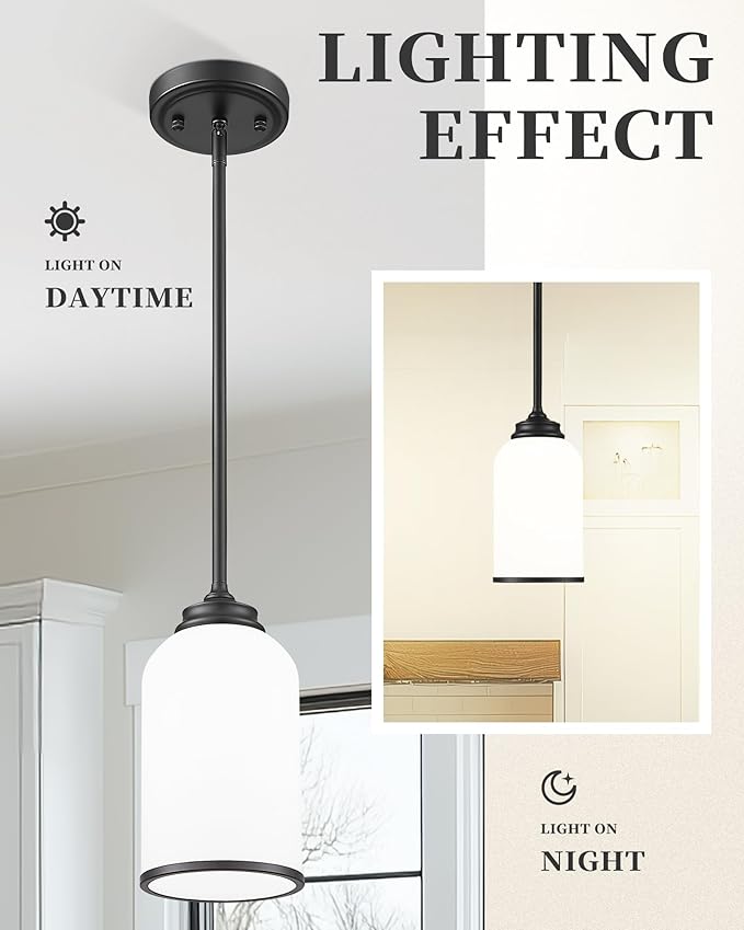 LIROUVET 2 Pack Pendant Lights Kitchen Island, Modern Pendant Lights, Black Hanging Lamp with Milk Glass, Industrial Pendant Light Fixtures for Dining Room PL02 MGBK-2PK