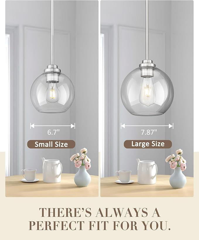 Globe Pendant Light Fixture, Modern Brushed Nickel Hanging Light with Clear Glass for Kitchen Island Dining Room Bedroom Hallway Foyer (1 Pack), PL101BN-2PK