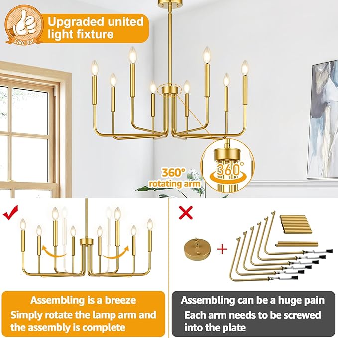 Lynnoland 8-Light Farmhouse Chandelier for Dining Room Lighting Fixtures Hanging, Gold Dining Light Fixtures Industrial Chandelier for Bedroom, Foyer, Hall, Kitchen, Living Room and Entryway