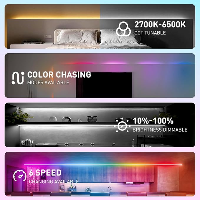 Shine Decor LED Strip Light RGBWW +CCT +IC, Multi Functions Warm/Cool White Tunable Bright Dimmable Color Chasing, Flexible Adhesive 16.4FT with Remote & 24V ETL Power for Indoor