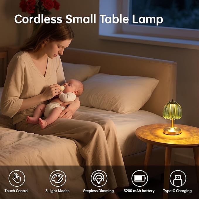 Shenmoyl Set of 2 Tulip Table Lamp with 5200mAh Battery & Touch Control, Cordless Small Table Lamp with 3 Colors, Rechargeable Battery Operated Table Lamps for Nightstand, Bedroom (Green Tulip)