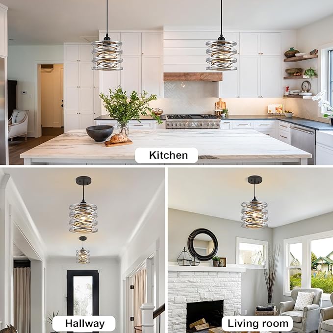 Pendant Lights Kitchen Island, Kitchen Hanging Light Fixtures Wood Grain Metal Lighting for Dining Room Bedroom Bar Office Entryway Hallway, Industrial Silver, 1 Pack
