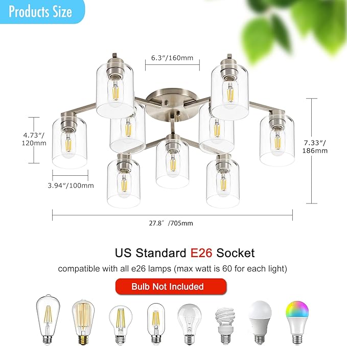 Brushed Nickel 9 Light Dining Room Ceiling Light Fixture Large Semi Flush Mount Ceiling Light Fixture Kitchen Lighting Fixtures Ceiling Light for Living Room with Clear Glass Shades
