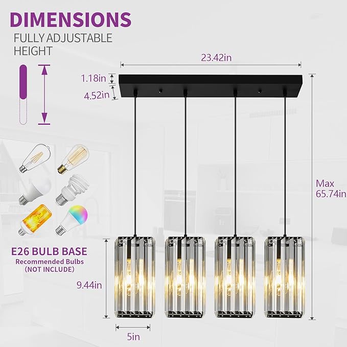 Modern Pendant Light Black Rectangle Pendant Lighting Mini Crystal Chandeliers Adjustable Pendant Light Fixture for Kitchen Island Dinning Room Living Room Corridor Bedroom(Black 4-Light)