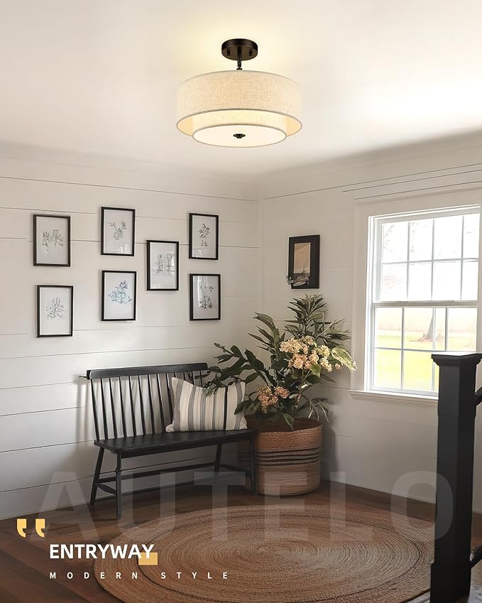 AUTELO 16" Semi Flush Mount Ceiling Light, 3-Light Modern Flush Mount Ceiling Light in Black Finish with Drum Fabric Shade for Hallway Bedroom Kitchen, C2506 BK-16