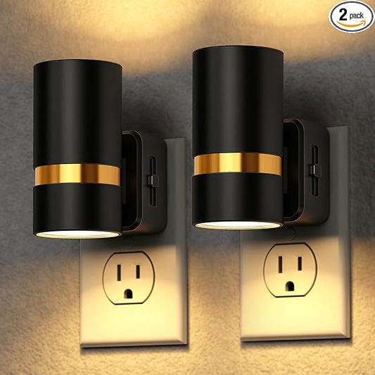 DORESshop LED Night Lights Plug into Wall, 2 Pack, Black Cylinder Wall Sconce Dimmable Night Light Plug in, Slide Brightness Adjustable with Dusk to Dawn Sensor, 3000K Warm White for Bedroom, Hallway