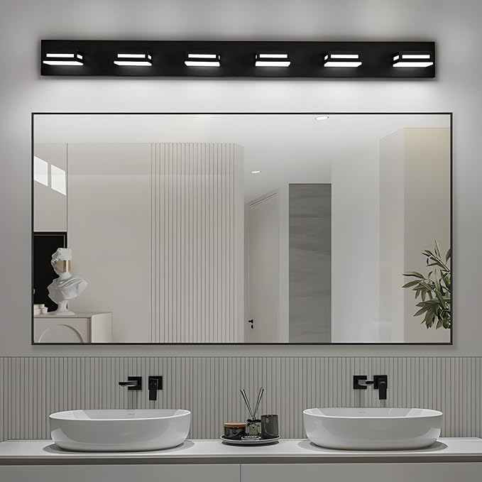 LED Modern Bathroom Light Fixtures, 6-Light 48-Inch Matte Black Vanity Lights for Bathroom Lighting Fixtures Over Mirror, 6000K Cool White 350° Rotatable Wall Lamp