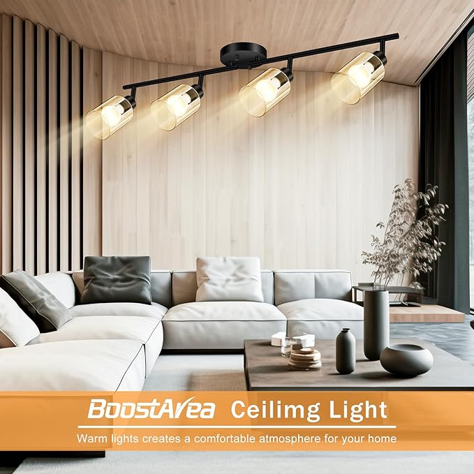 BoostArea 4 Light Led Track Light,Glass Lightshade Track Lighting Kits,4 Way Modern Ceiling Spot Lights for Kitchen,Dining Room,Bedroom,Hallway,Flexibly Rotatable Light Head,Black,Not GU10 Bulb
