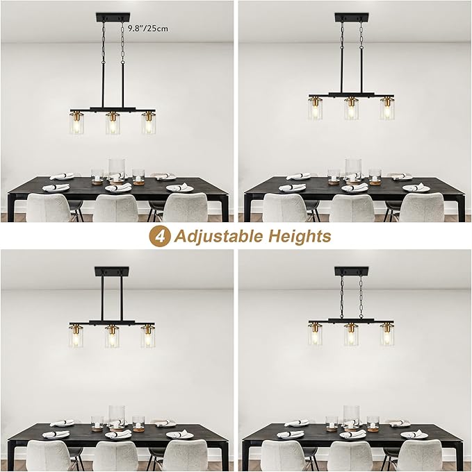 3-Light Kitchen Island Lighting,Dining Room Lights Modern Farmhouse Chandelier with Clear Glass Shade,Modern Rustic Black and Gold Metal Chandelier, Kitchen Pendant Light Fixtures Over Table