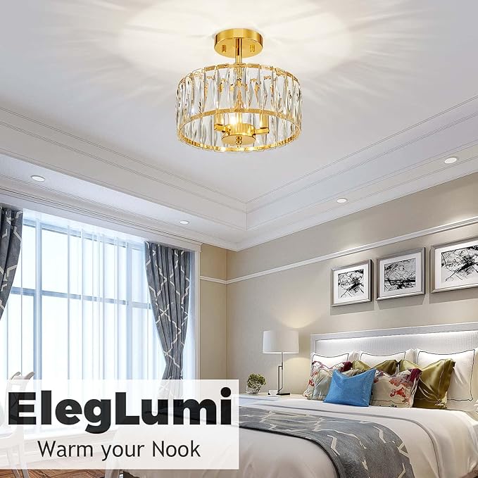 Crystal Ceiling Light, 3-Light Modern Semi-Flushmount Ceiling Light for Living Room, Dinning Room Hallway, D12xH9inch, Gold Finish Frame & K9 Crystal