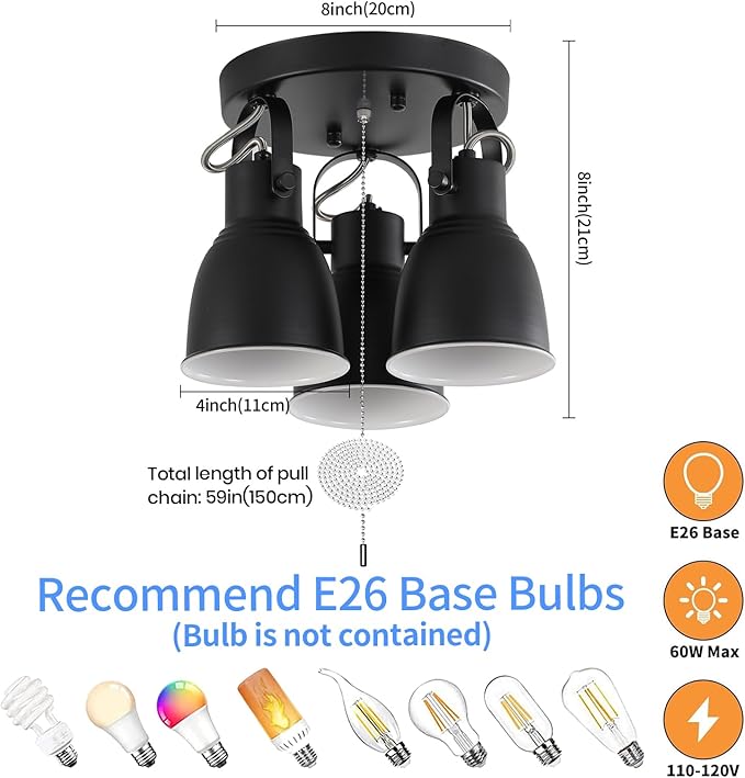 KEESFU 3 Light Ceiling Light with Pull Chain,Adjustable Directional Ceiling Track Light,Industrial Pull Chain Light Fixtures for Bedroom Hallway Closet.