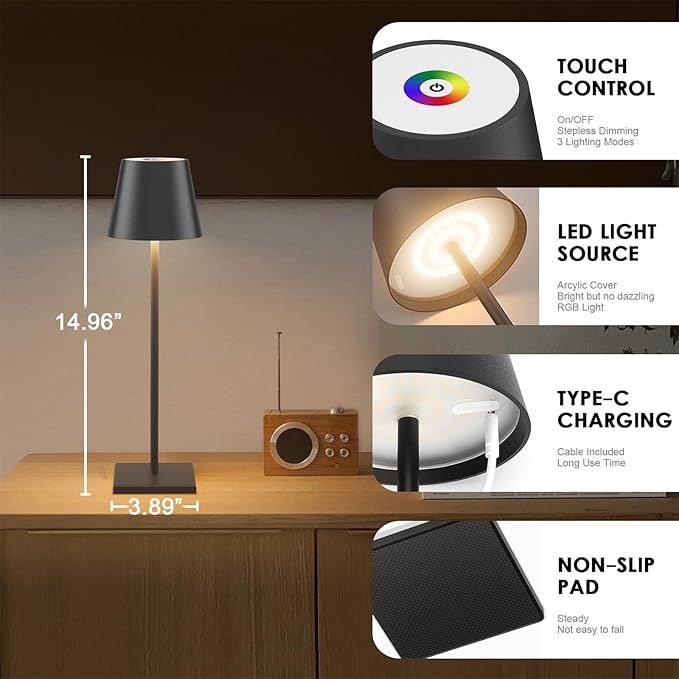 2 Pack LED Cordless Table Lamp with RGB & Stepless Dimming Rechargeable Battery Desk lamp 3W 5000mAh Battery Operated with Modern Portable Table Light for Indoor/Outdoor IP54 Waterproof (Black)