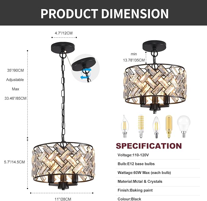 lobolighting Black Crystal Chandelier, 11'' Modern Chandelier, 3-LightSemi Flush Mount Ceiling Light Fixture for Dining Room Foyer Hallway