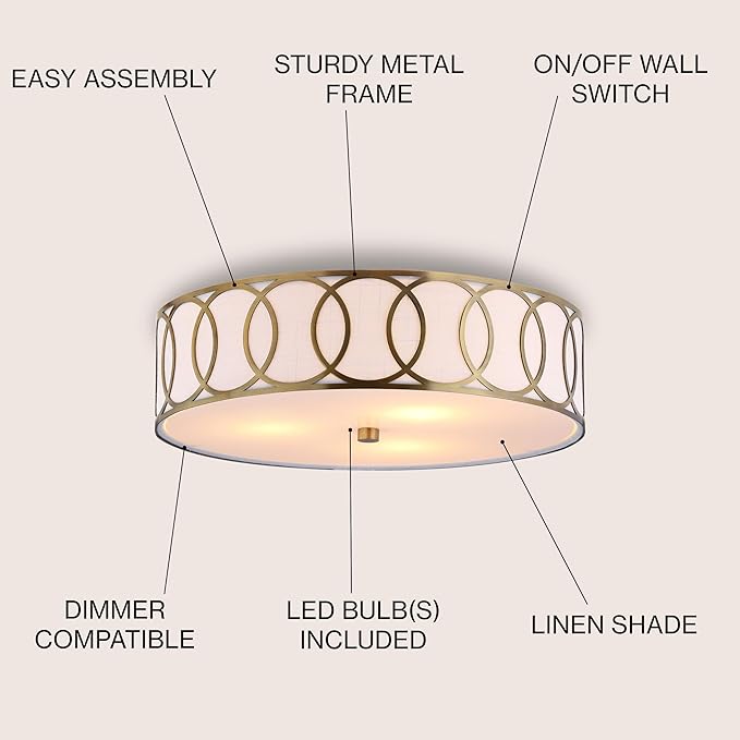 JONATHAN Y 15.5" Brass Gold Modern Metal LED Flush Mount Ceiling Light for Bedroom Hallway, White Linen Drum Shade with Geometric Fretwork, LED Bulbs Included (JYL3503A)