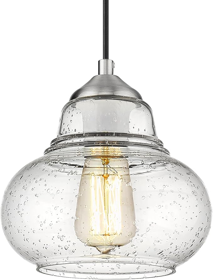 ELYONA 8 Inch Bubble Glass Pendant Light Industrial Kitchen Island Globe Hanging Pendant Light Fxiture Modern Hand Blown Seeded Glass for Farmhouse Dining Room Bar Bedroom Living Room Brushed Nickel