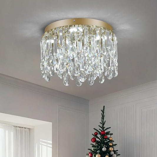 Deckrico 11.8" Gold Crystal Flush Mount Ceiling Light Fixture, Modern Close to Ceiling Chandelier with Tri-Color LED Lighting for Bedroom Hallway Dining Room