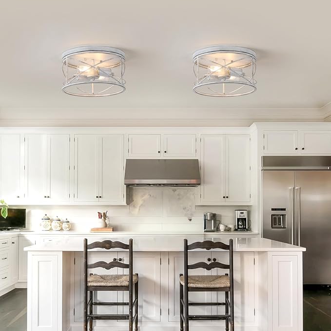 2-Light Flush Mount Ceiling Light Fixture, Industrial Modern White Ceiling Lamp, Vintage Farmhouse Light Fixture for Hallway, Bedroom, Dining Room, Living Room, Kitchen, Entryway