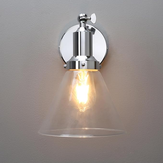 PERMO Industrial Vintage Slope Pole Wall Mount Single Sconce with Funnel Flared Clear Glass Shade Chrome Wall Sconce Light Fixtures