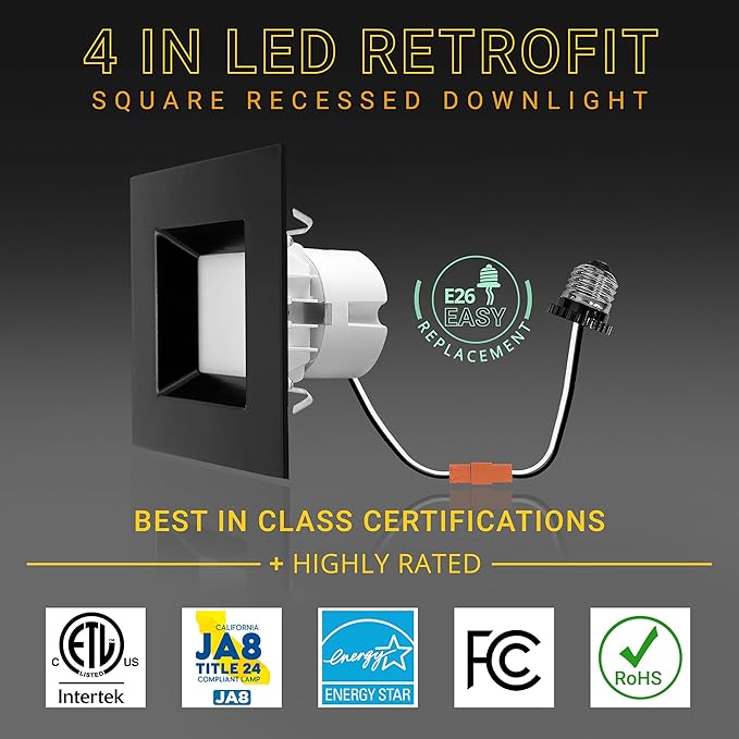 NUWATT 4 Pack, Black 4 Inch LED Ceiling Light Square Retrofit Can Light, 5CCT 2700K/3000K/3500K/4000K/5000K Selectable, 750 Lumens, 11W, Dimmable, ETL ES JA8 T24 Compliant, Wet & IC Rated