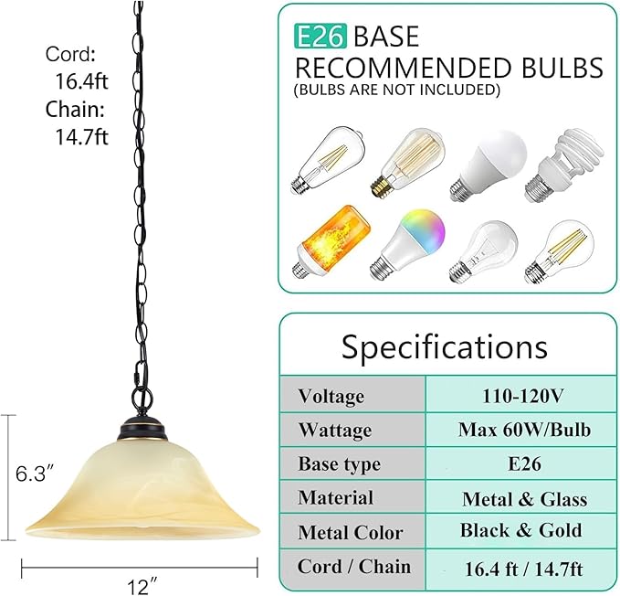 Plug in Pendant Light Fixture with Retro Alabaster Glass Shade, Black & Gold Hanging Lamp with Dimmable Switch,16.4Ft Cord & 14.7Ft Chain for Kitchen Sink Corner Nook