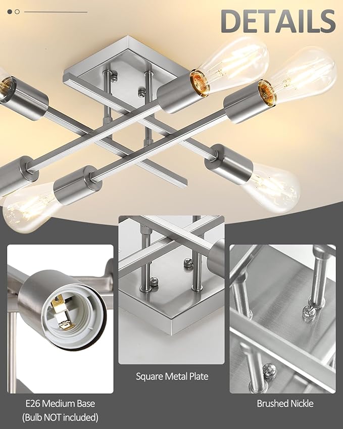6-Light Semi Flush Mount Ceiling Light Fixture, Modern Brushed Nickel Sputnik Chandelier Lighting, Farmhouse E26 Stock Ceiling Lamp Kitchen Bedroom Living Room Entryway, Bulbs Not Included