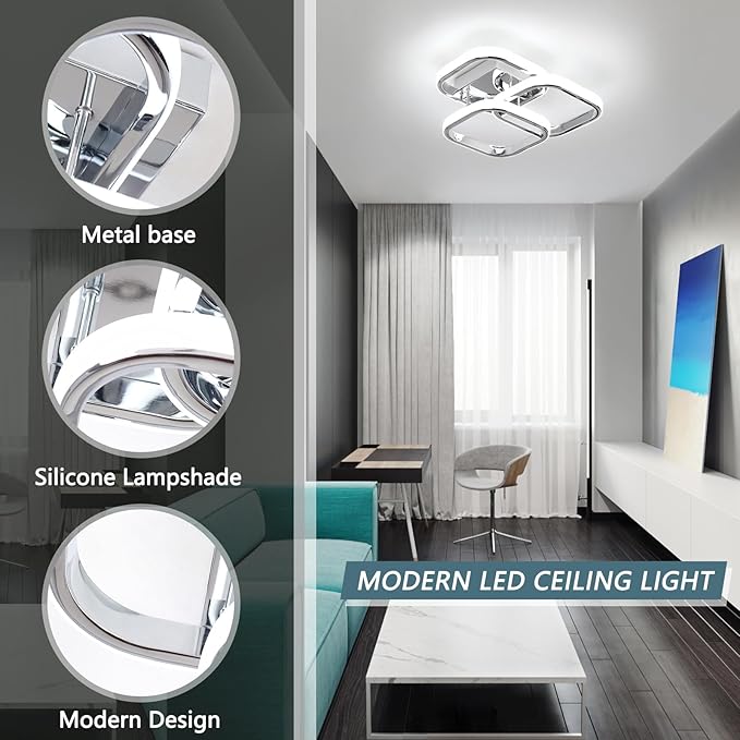 EIDISUNY Modern LED Ceiling Lights, 36W Square Ceiling Lights Fixture LED for Hallway Office Bedroom Kitchen Living Room Lamp Dining Room - Chorme (Cool White Light 6000K)