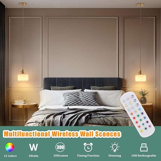 Shenmoyl Battery Operated Pendant Light 5000mAh Rechargeable Chandelier with Remote Control Wireless Adjustable Hanging White Striped Light for Kitchen Island Dining Room Hallway