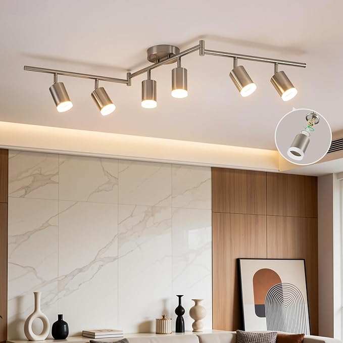 Bojim Track Lighting Fixtures Ceiling Mount for Kitchen, Nickel 6 Way LED Spot Lights Indoor, Flexible Modern Track Light GU10 Socket for Dining Room, Bulbs Not Included