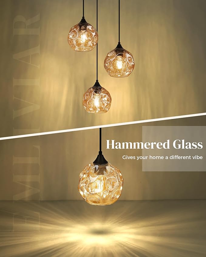 Emliviar 3-Light Cluster Pendant Lamp with Hammered Glass, Linear Barn Hanging Pendant Lighting for Dining Room in Amber Finish, DYE287G2-3 BK