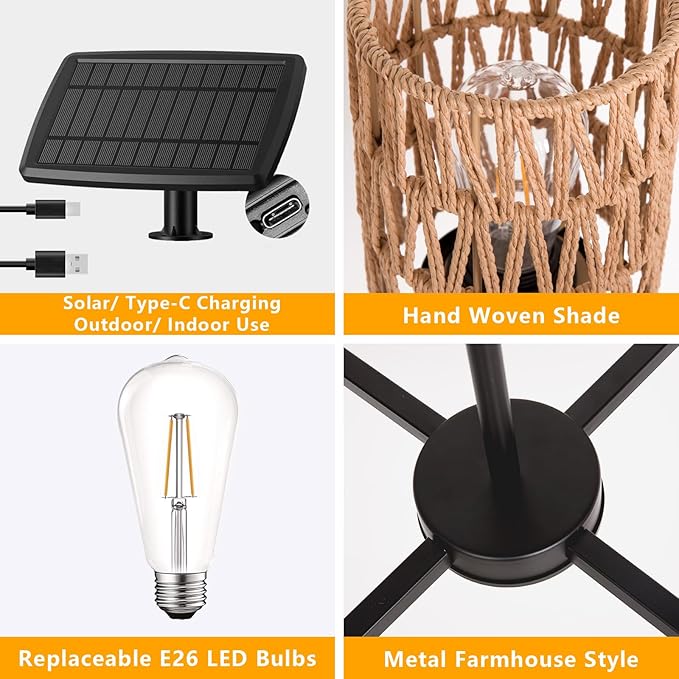 Solar Chandelier Outdoor, 4-Light 28" Hanging Pendant Lights, Rattan Waterproof Dimmable, Outdoor Chandelier for Gazebo, Pergola, Porch, Patio
