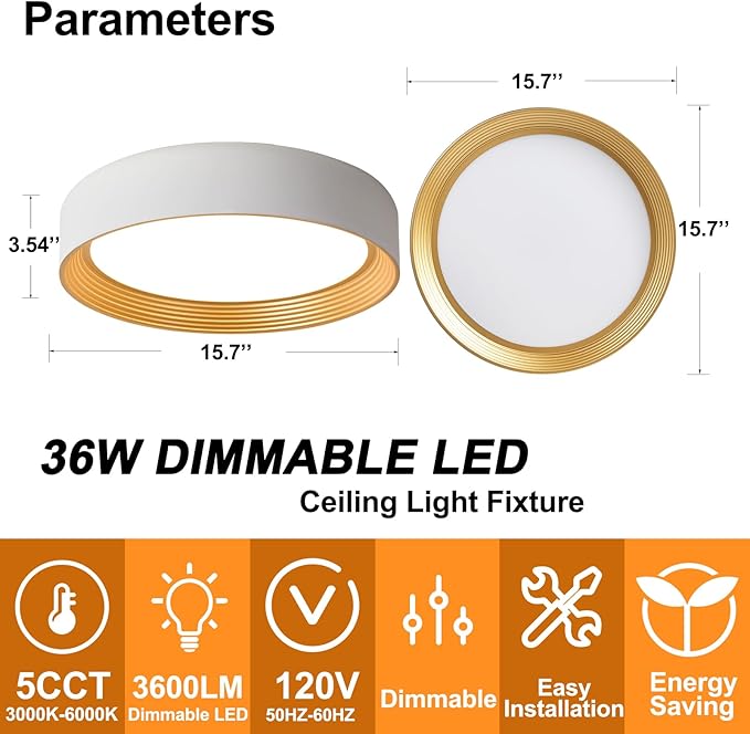 Dimmable Modern LED Flush Mount Ceiling Light,15.7 Inch 5CCT 36W/3000K-6000K,Minimalist Round White and Gold Close to Ceiling Lighting Fixtures for Bedrooms,Dining Rooms,Living Room,Kitchens