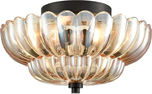 HYDELITE Modern Black Flush Mount Ceiling Light 3-Light Close to Ceiling Light Fixtures with Scalloped Amber Glass Shade for Living Room Entryway