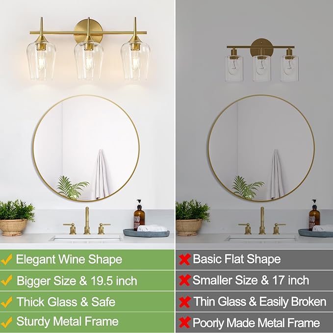MOKATNG 3-Light Bathroom Light Fixtures, 19.5 Inch Brushed Gold Vanity Lights with Wine-Glass Shape, Bathroom Lights Over Mirror, Modern Wall Lamps for Bedroom Living Room Hallway
