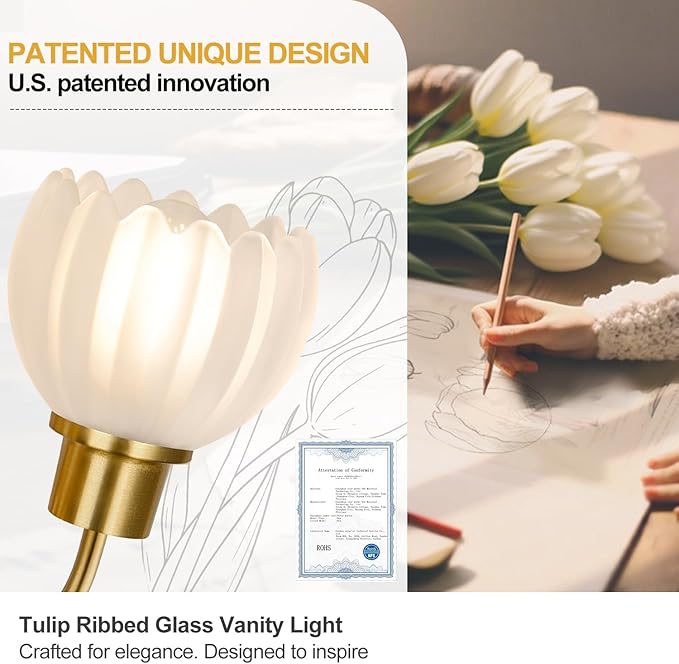 3-Light Bathroom Vanity Light, 20" Brushed Gold Bathroom Light Fixtures with Ribbed Frosted Clear Tulip Glass Shade, Vanity Lighting Fixtures Over Mirror for Bedroom Living Room Hallway