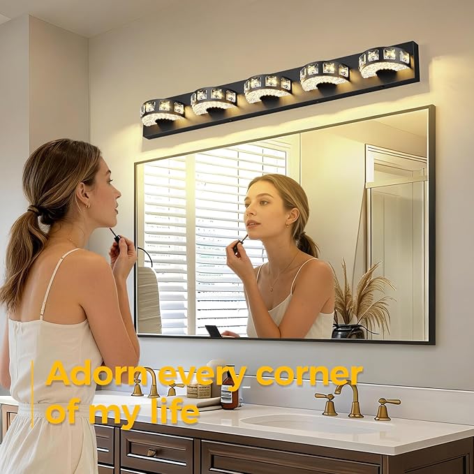 Modern Bathroom Vanity Lights 36.6 inch 5 Color Temperature Black Light Fixtures for Bathroom Above Mirror(5-Light,Dimmable)crystal Bathroom Light Fixtures for Mirror,Living Room,Kitchen,Hallway