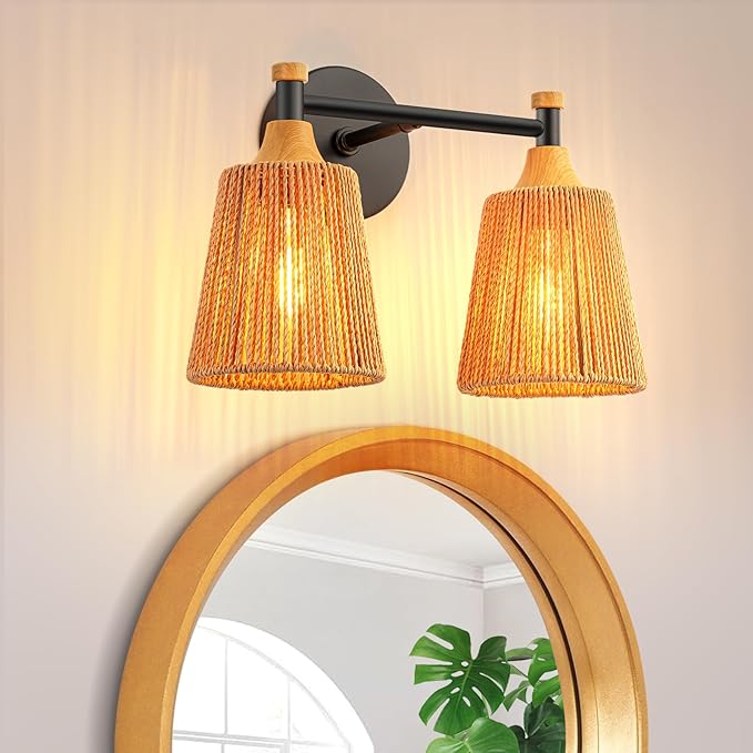 2-Light Bathroom Vanity Light, Boho Bathroom Light Fixtures Over Mirror Rattan Vanity Lighting Fixtures with Hand-Woven Lampshade Rustic Style Wall Sconce for Bedroom Living Room