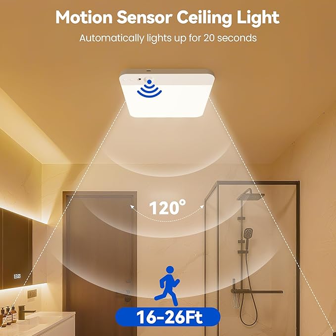 KINDEEP Motion Sensor Ceiling Light: Battery Operated Ceiling Light Wireless Indoor for Shower, Closets, Stairs, Hallway, Pantry, 3 Color Temperatures Dimmable, ‎White Shade 2 Pack