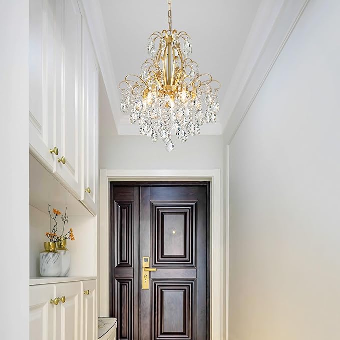 WUZUPS 5-Light Crystal Candle Chandelier Pendant Ceiling Modern Lighting Fixture for Bedroom Hallway Bar Kitchen Bathroom, H 22.8" W19.7, E12 Base, Gold