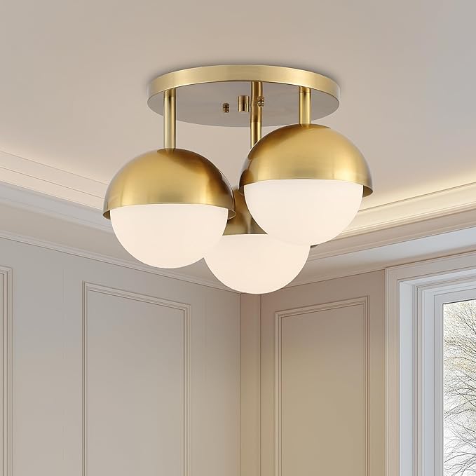 Globe Flush Mount 3-Light Ceiling Light, Mid Century Modern Brass Gold Ceiling Light Fixture with Globe White Frosted Glass Shade for Bedroom Hallway Entryway Kitchen Living Room