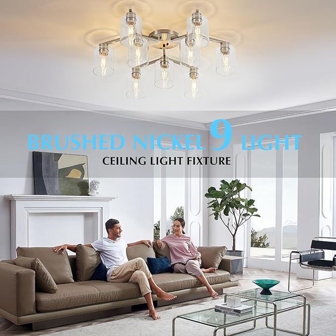 Brushed Nickel 9 Light Dining Room Ceiling Light Fixture Large Semi Flush Mount Ceiling Light Fixture Kitchen Lighting Fixtures Ceiling Light for Living Room with Clear Glass Shades