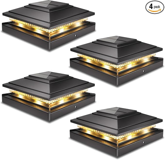 Post Cap Lights Outdoor 4pack, Waterproof Fence Post Solar Lights for 4x4 5x5 6x6 Wood/Vinyl Posts, Black Solar Deck Post Lights with 2 Color Modes Decorate Garden Patio Porch Backyard