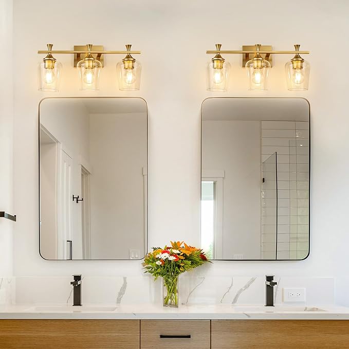 3 Light Bathroom Vanity Light - Gold Bathroom Lighting Fixtures Over Mirror, Modern Wall Sconces with Transparent Glass Lampshade for Bedroom Living Room Kitchen Cabinet Stair Hallway
