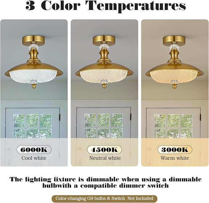 Vintage Semi Flush Mount Ceiling Light, Gold 12 Inch K9 Crystal Glass Shade, Brushed Copper Finish, 5-Light Flush Mount Lamp Mid Century Industrial for Bedroom Foyer Hallway Dining Kitchen Entryway