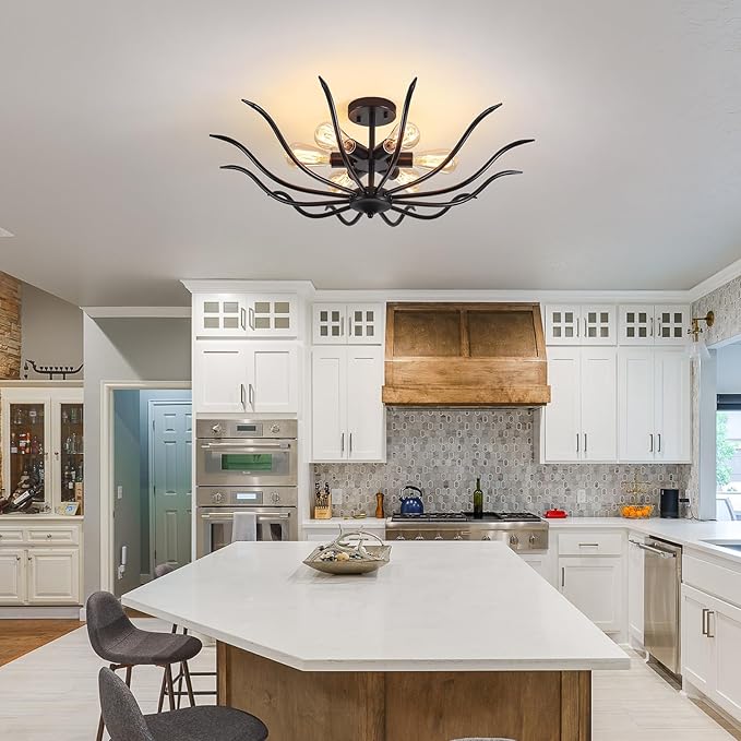 31.5" Semi Flush Mount Black Ceiling Light Fixture, 6-Light Modern Ceiling Living Room Light Fixture, Large Farmhouse Chandelier Dining Room Kitchen Bedroom Entryway Hallway Foyer Light Fixture