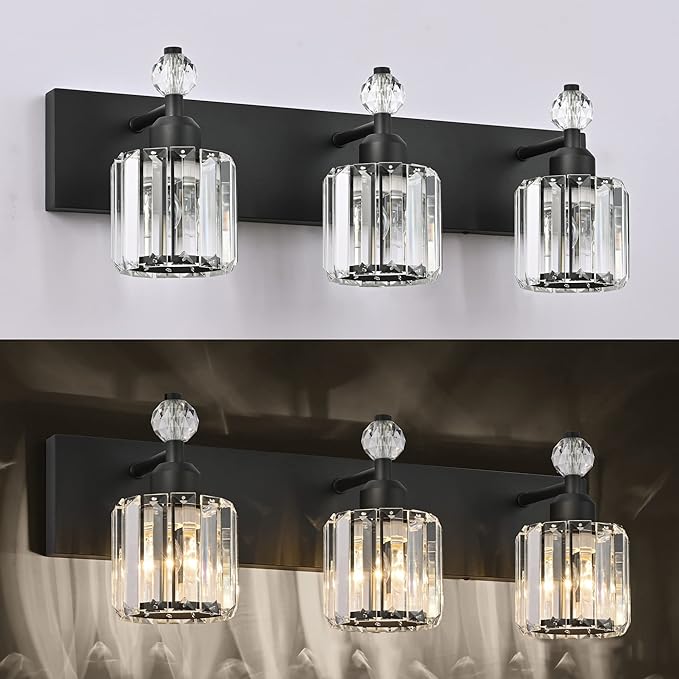 PRESDE Crystal 3 Light Bathroom Vanity Lights Modern Matte Black Bathroom Lights Fixtures Over Mirror Wall Lamp for Bath Bedroom Hallway