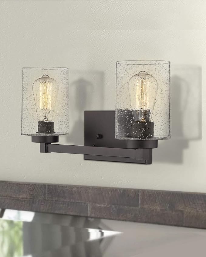 Beionxii 2 Light Bathroom Vanity Lights, Vintage Wall Sconce Oil Rubbed Bronze with Clear Seeded Glass 16" W x 8.75" H - MB9002-2