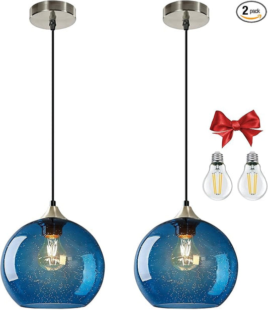 9.1in Large Blue Glass Pendant Light for Kitchen Island, 2-Pack with Extra LED Bulbs & 4.92ft Adjustable Cord | Modern Minimalist Lighting for Dining Room, Living Room, Entryway