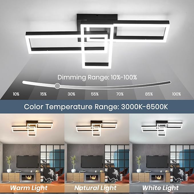 EIDISUNY Modern Led Ceiling Light Fixtures, Black Flush Mount 3-Square Ceiling Light with Remote Control&APP, Dimmable, 40W Acrylic for Bedroom, Kitchen, Dining Room