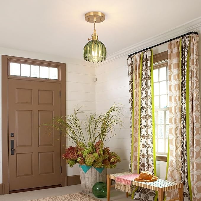 Pendant Light Fixtures,Mini Hanging Lights Green Glass Vintage Pendant Light 5.1Inch E26 Hanging Light Adjustable Hanging Light for Bedroom Living Room Hallway
