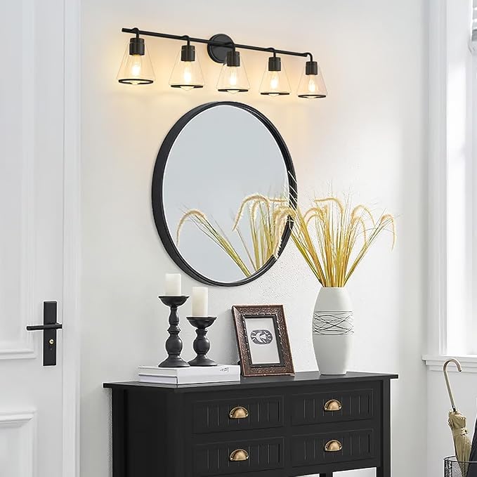 Bathroom Vanity Light 5 Light, Modern Vanity Lighting Fixture for Bathroom, 38.5" Vanity Lights with Clear Glass Shade, Black Bath-Room Wall Light Over Mirror, Wall Sconces for Bath